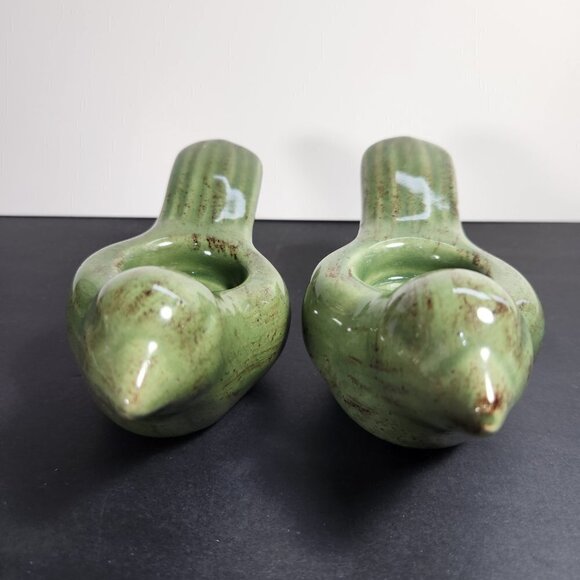 Ceramic Bird Candle Holder Tea Light Jade Green with Flecks of Brown Set Of 2 - Picture 4 of 9